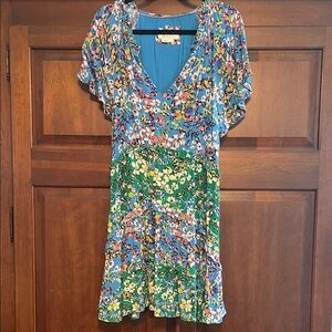 Anthropologie Blue and Green Floral V-Neck Mini Dress